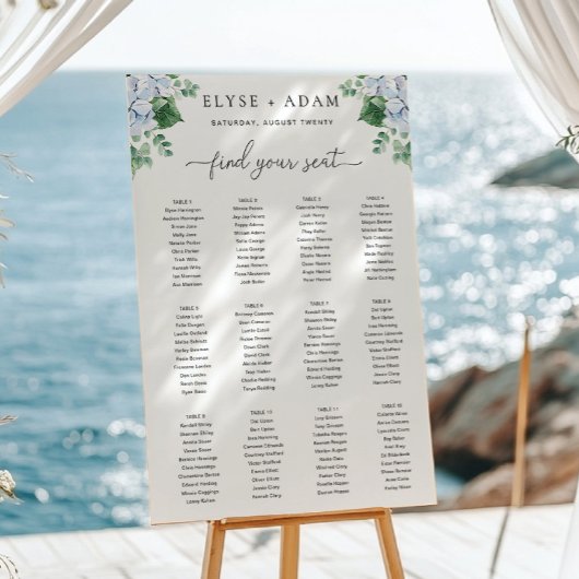 Blauwe Hydrangea 12 Tafel Zitplaatskaart Poster