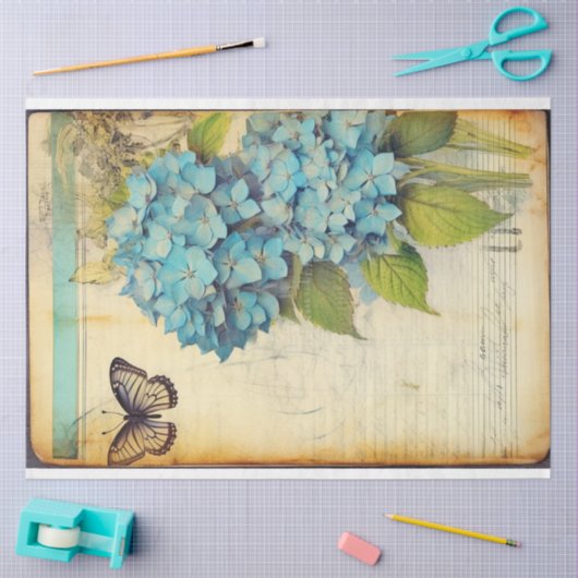 Blauwe hydrangea antiek manuscript ephemera tissuepapier (Craft)