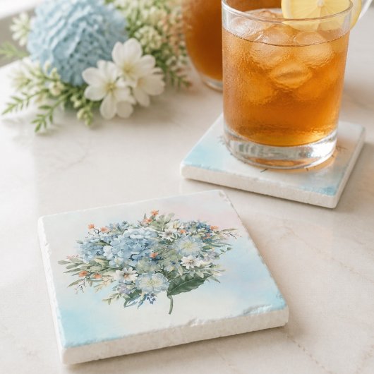Blauwe Hydrangea Aquarel Vierkante Onderzetter