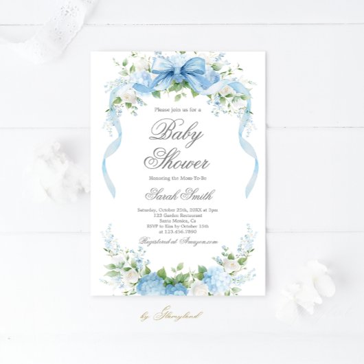 Blauwe Hydrangea Baby Shower Jongens Uitnodiging