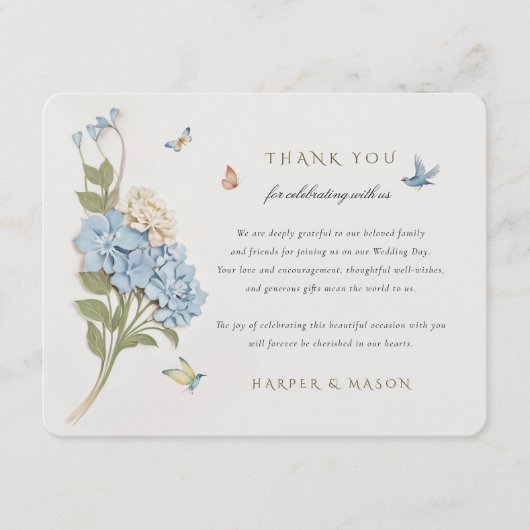 Blauwe Hydrangea bedankkaart Informatiekaartje (Voorkant)