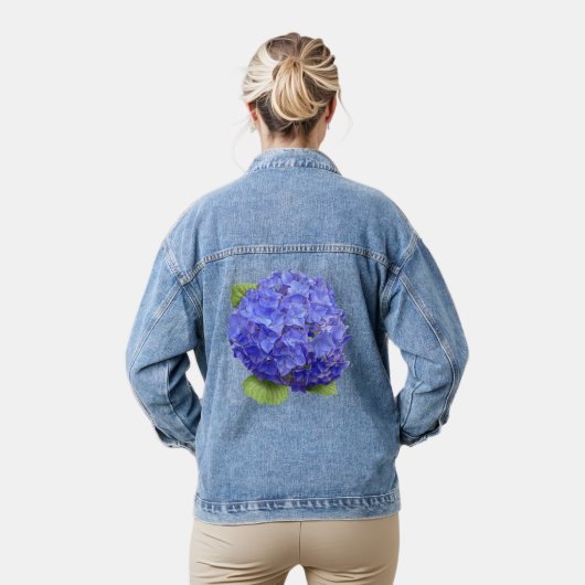 Blauwe Hydrangea Bloem Botanische Kunst Denim Jacket (Model)