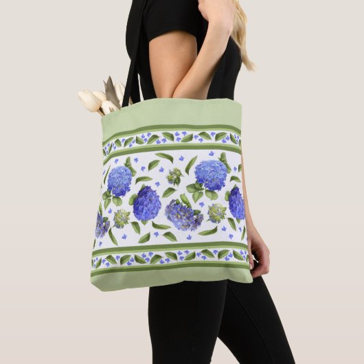 Blauwe Hydrangea Bloem Botanische Kunst Ontwerp Tote Bag (Dichtbij)