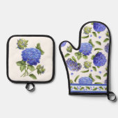Blauwe Hydrangea Bloem Botanische Kunst Ovenwant & Pannenlap Set (Voorkant)