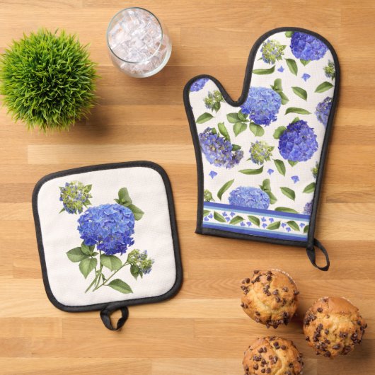 Blauwe Hydrangea Bloem Botanische Kunst Ovenwant & Pannenlap Set (Top down)
