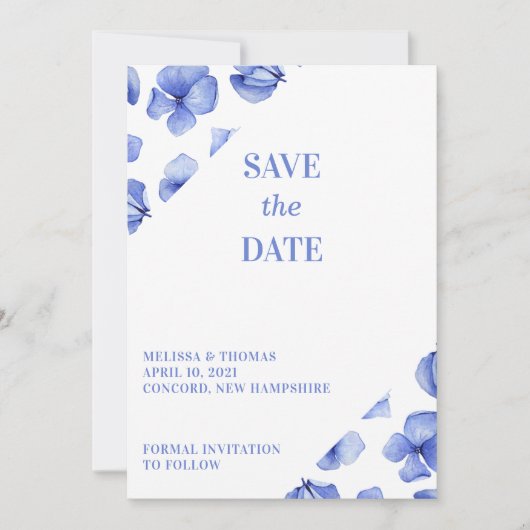 Blauwe Hydrangea bloemblaadjes niet-foto Save The Date (Voorkant)