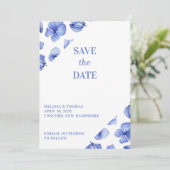 Blauwe Hydrangea bloemblaadjes niet-foto Save The Date (Staand voorkant)