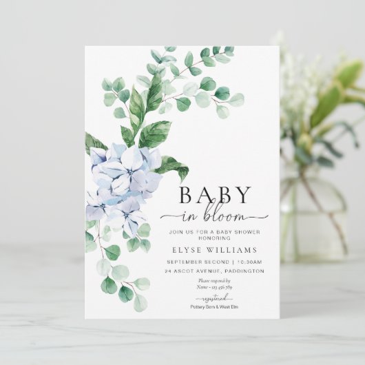 Blauwe Hydrangea Bloemen Baby in Bloem Douche Kaart (Staand voorkant)