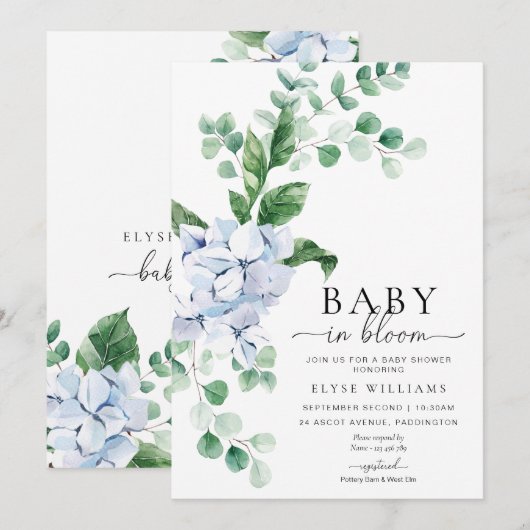 Blauwe Hydrangea Bloemen Baby in Bloem Douche Kaart (Voorkant / Achterkant)