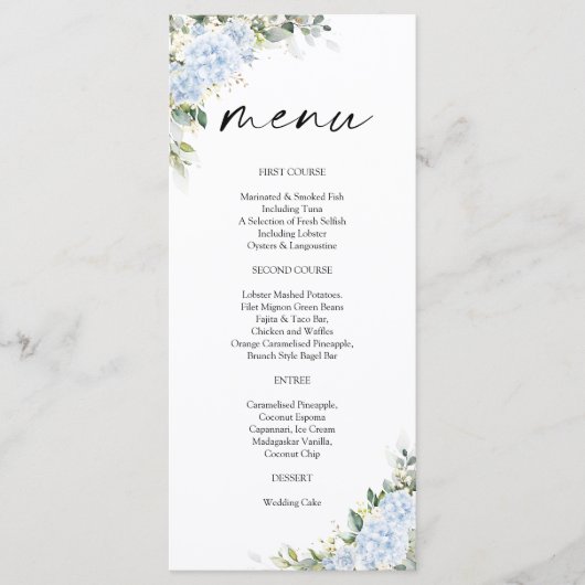 Blauwe Hydrangea Bloemen Baby Shower Menu (Voorkant)