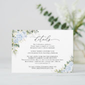 Blauwe Hydrangea Bloemen Bruiloft Details Kaart (Staand voorkant)