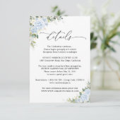 Blauwe Hydrangea Bloemen Bruiloft Details Kaart (Staand voorkant)