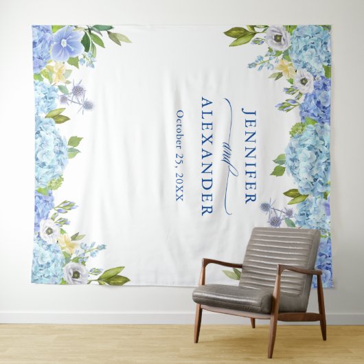 Blauwe Hydrangea Bloemen Bruiloft Foto Booth Achte Wandkleed (In Situ (horizontaal))