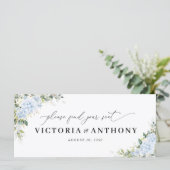 Blauwe Hydrangea Bloemen Bruiloft Hoofdtafel Bord (Staand voorkant)
