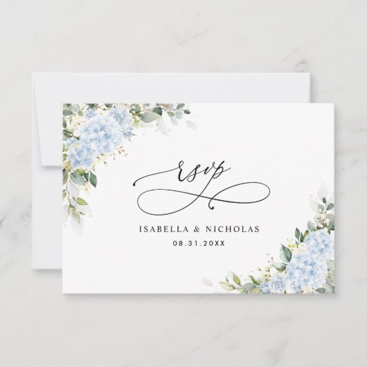 Blauwe Hydrangea Bloemen Bruiloft RSVP Kaart (Voorkant)