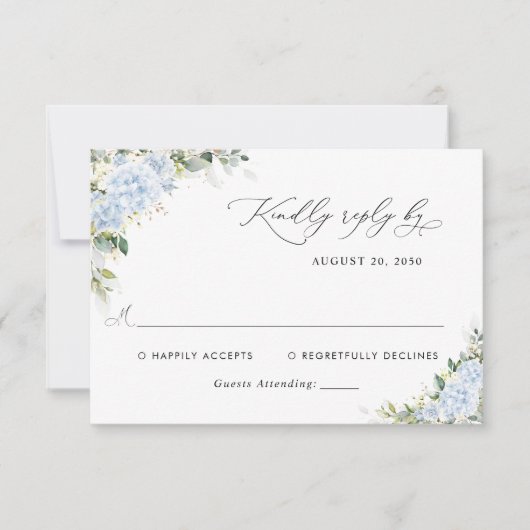 Blauwe Hydrangea Bloemen Bruiloft RSVP Kaart (Voorkant)