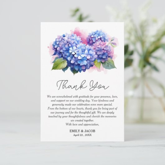 Blauwe Hydrangea Bloemen Bruiloft Thema Bedankkaart (Staand voorkant)