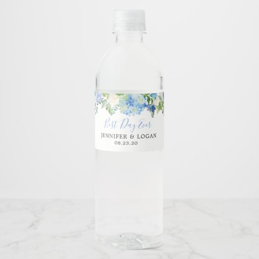 Blauwe Hydrangea Bloemen Bruiloft Water Fles Label Waterfles Etiket (Voorkant)