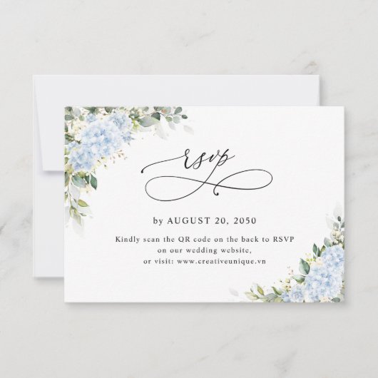 Blauwe Hydrangea Bloemen Bruiloft Website QR Code RSVP Kaartje (Voorkant)