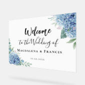 Blauwe Hydrangea bloemen bruiloft welkom Acryl Bord (Hoek)