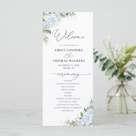 Blauwe Hydrangea Bloemen Bruiloftsprogramma Programmakaart (Staand voorkant)