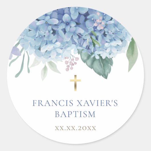 blauwe Hydrangea bloemen Doop Ronde Sticker (Voorkant)