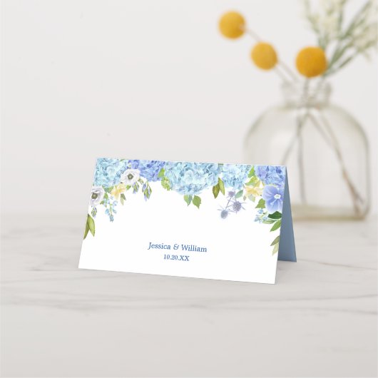 Blauwe Hydrangea Bloemen Groen Trouwtafel Plaatskaartje (Achterkant)