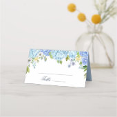 Blauwe Hydrangea Bloemen Groen Trouwtafel Plaatskaartje (Voorkant)