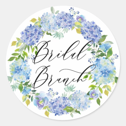 Blauwe Hydrangea Bloemen Krans Bruids Brunch Ronde Sticker (Voorkant)