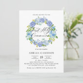 Blauwe Hydrangea Bloemen Krans Eerste Heilige Comm Kaart (Staand voorkant)