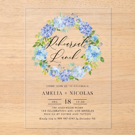 Blauwe Hydrangea Bloemen Krans Repetitie Lunch Acryl Uitnodigingen (Voorkant)