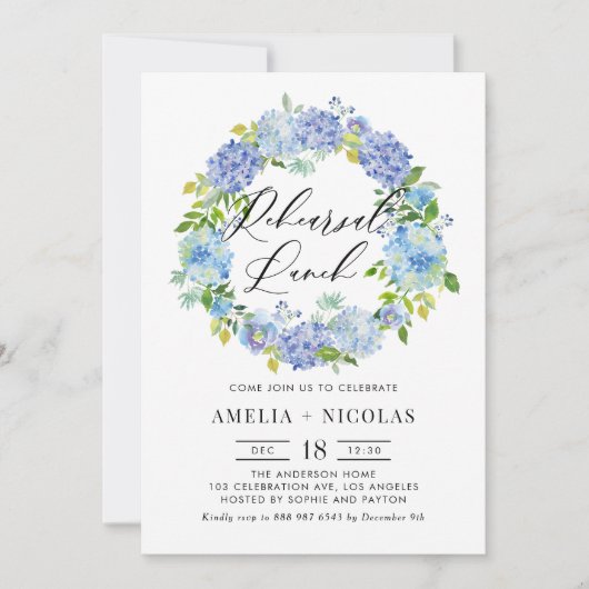 Blauwe Hydrangea Bloemen Krans Repetitie Lunch Kaart (Voorkant)