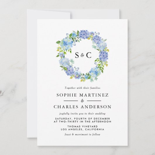 Blauwe Hydrangea Bloemen Krans Trouwen Kaart (Voorkant)