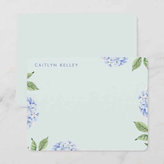 Blauwe Hydrangea Bloemen Lichtgroen Custom Flat Notitiekaartje (Voorkant / Achterkant)