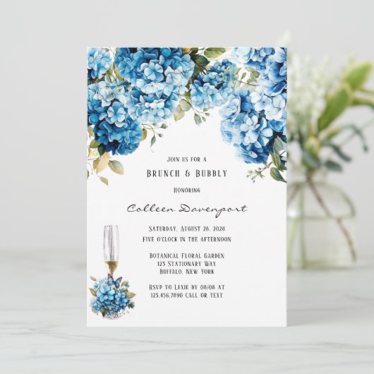 Blauwe Hydrangea Bloemen Vlinder Brunch & Bubbly Kaart (Staand voorkant)