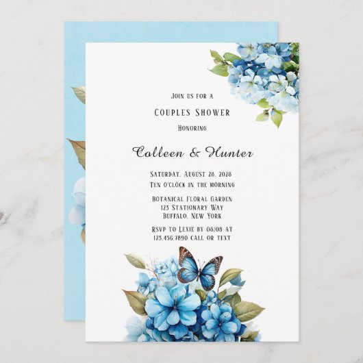 Blauwe Hydrangea Bloemen Vlinder Koppels Douche Kaart (Voorkant / Achterkant)