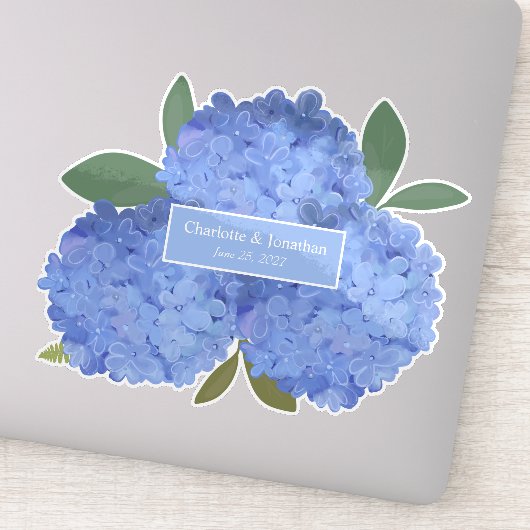 Blauwe Hydrangea Bloemenbruiloft Gepersonaliseerde Sticker (Detail)
