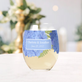 Blauwe Hydrangea Bloemenbruiloft Gepersonaliseerde Wijnglas Zonder Voet