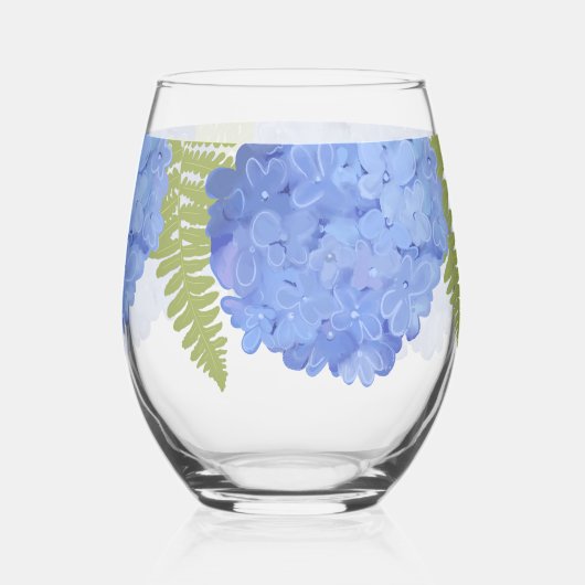 Blauwe Hydrangea Bloemenbruiloft Gepersonaliseerde Wijnglas Zonder Voet (Achterkant)