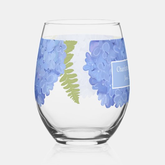 Blauwe Hydrangea Bloemenbruiloft Gepersonaliseerde Wijnglas Zonder Voet (Rechts)