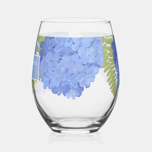Blauwe Hydrangea Bloemenbruiloft Gepersonaliseerde Wijnglas Zonder Voet (Links)