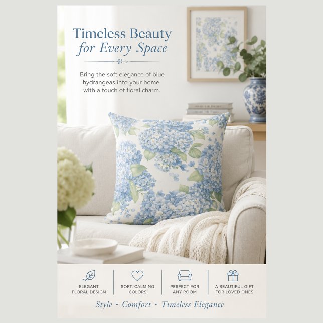Blauwe Hydrangea Bloemengeworfkussen | Elegante Ku Kussen (Blue Hydrangea Elegance. Update your home decor with this blue and white floral throw pillow cushion)