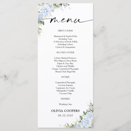 Blauwe Hydrangea Bloemige Baby Shower Menu (Voorkant)