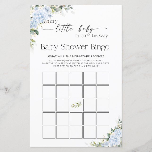 Blauwe Hydrangea Bloemige Baby Shower Spel Bingo (Voorkant)