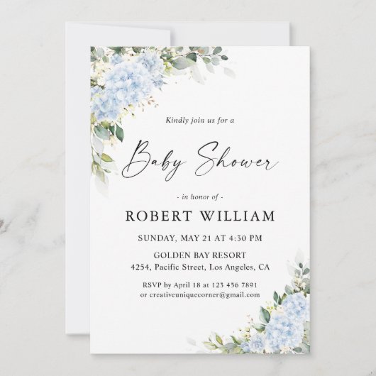 Blauwe Hydrangea Bloemige Baby Shower Uitnodiging (Voorkant)