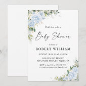 Blauwe Hydrangea Bloemige Baby Shower Uitnodiging (Voorkant / Achterkant)