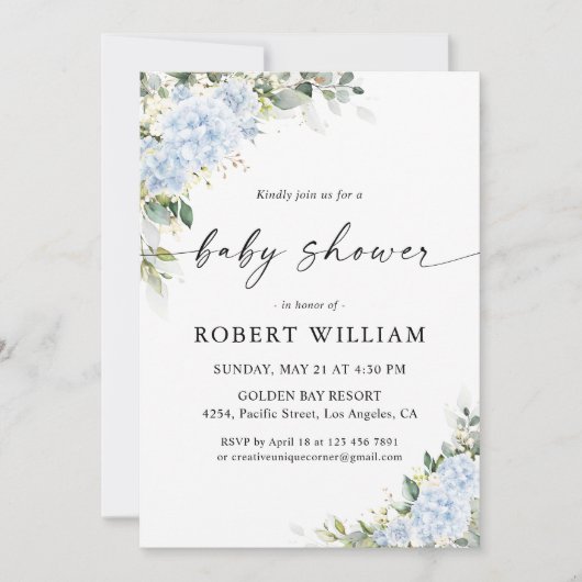 Blauwe Hydrangea Bloemige Baby Shower Uitnodiging (Voorkant)
