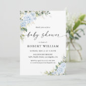 Blauwe Hydrangea Bloemige Baby Shower Uitnodiging (Staand voorkant)