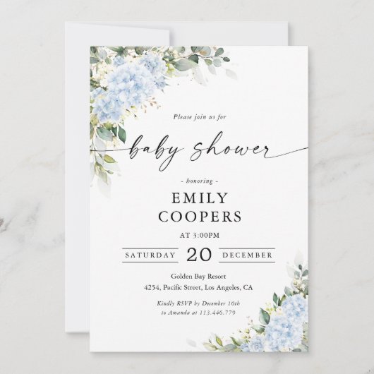 Blauwe Hydrangea Bloemige Baby Shower Uitnodiging (Voorkant)