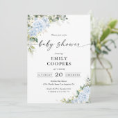 Blauwe Hydrangea Bloemige Baby Shower Uitnodiging (Staand voorkant)